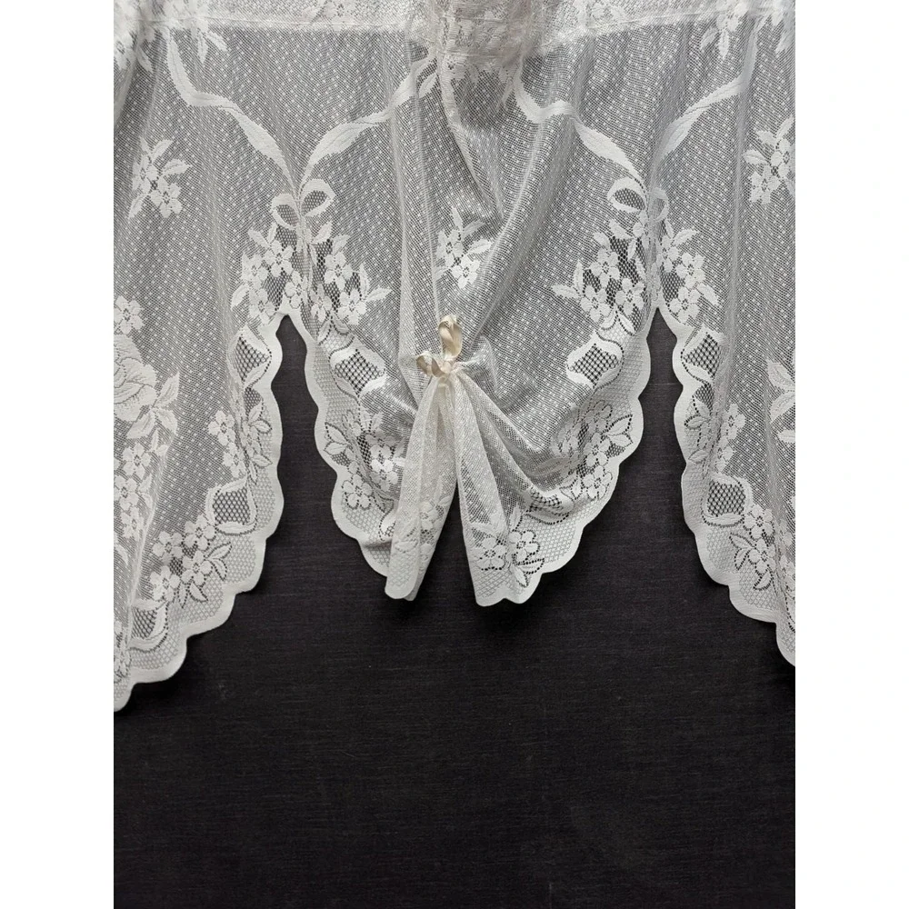 Vintage Cafe Curtain Lace Tiered Valance One Piece Bow Coquette Cottage Core